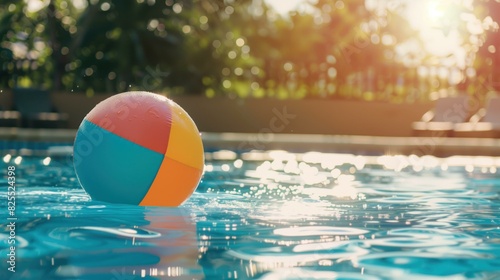 Colorful inflatable beach ball floating in a sunlit swimming pool photo
