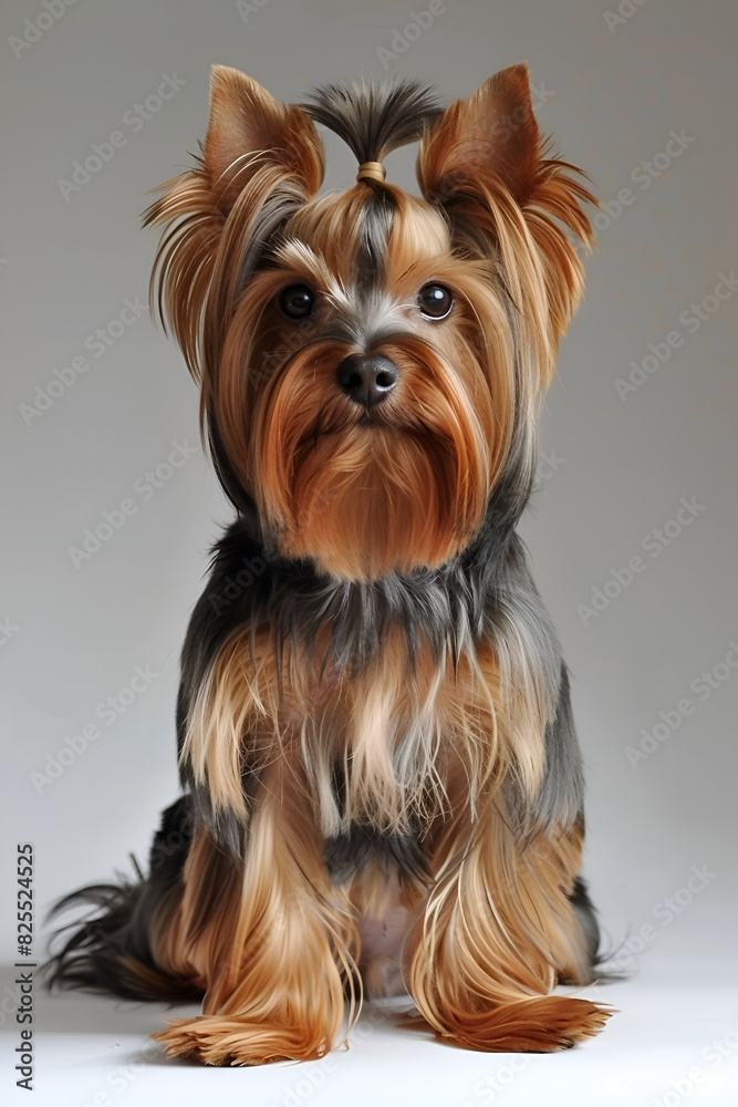 Studio portrait photo of a Yorkshire terrier on a gray background. In full growth. Studio portrait photo of a Yorkshire terrier on a gray background. In full growth.