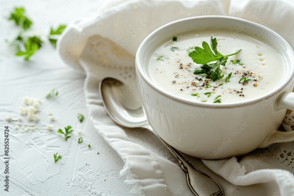 White Soup. Delicious Cream Soup Served in White Cup on Table Background White Soup. Delicious Cream Soup Served in White Cup on Table Background