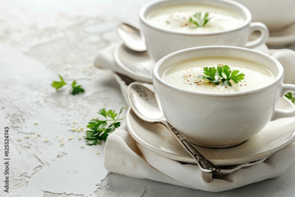 White Soup. Creamy Breakfast Bowl in a Kitchen Setting with a Spoon White Soup. Creamy Breakfast Bowl in a Kitchen Setting with a Spoon
