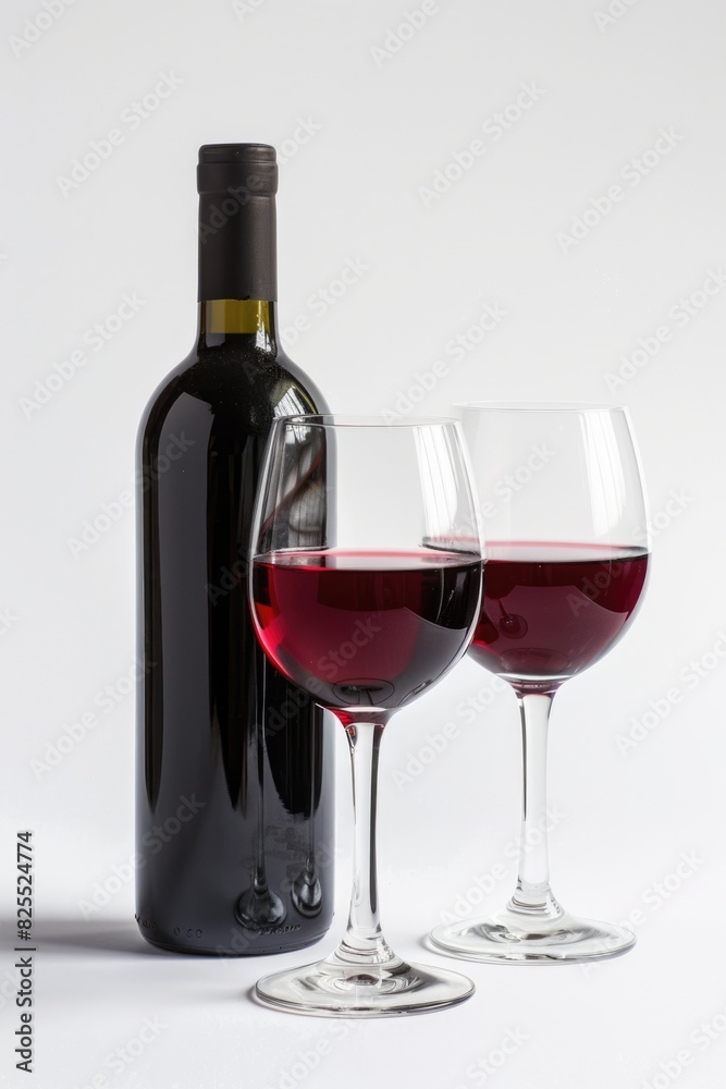 Wine Bottle And Glasses. Red Wine in Bottle and Glass on White Background with Copy Space Wine Bottle And Glasses. Red Wine in Bottle and Glass on White Background with Copy Space