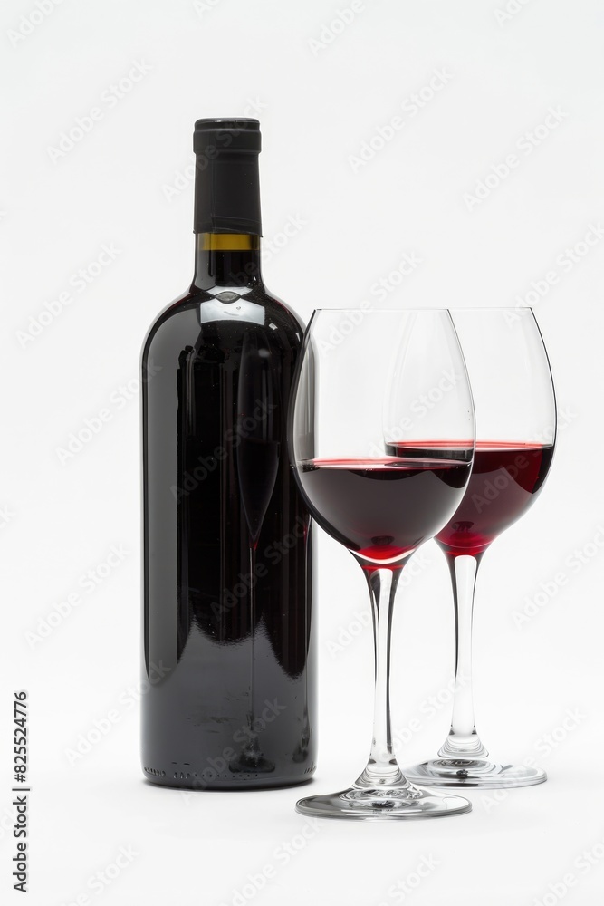 Wine Bottle And Glasses. Red Wine in Glass and Bottle on White Background. Still Life Concept with Copy Space Wine Bottle And Glasses. Red Wine in Glass and Bottle on White Background. Still Life Concept with Copy Space