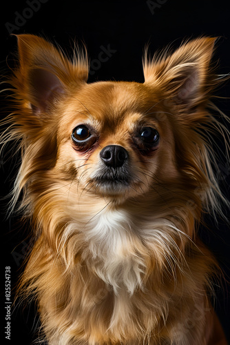 Studio portrait photo of a Chihuahua on a black background. Close-up, full-face.