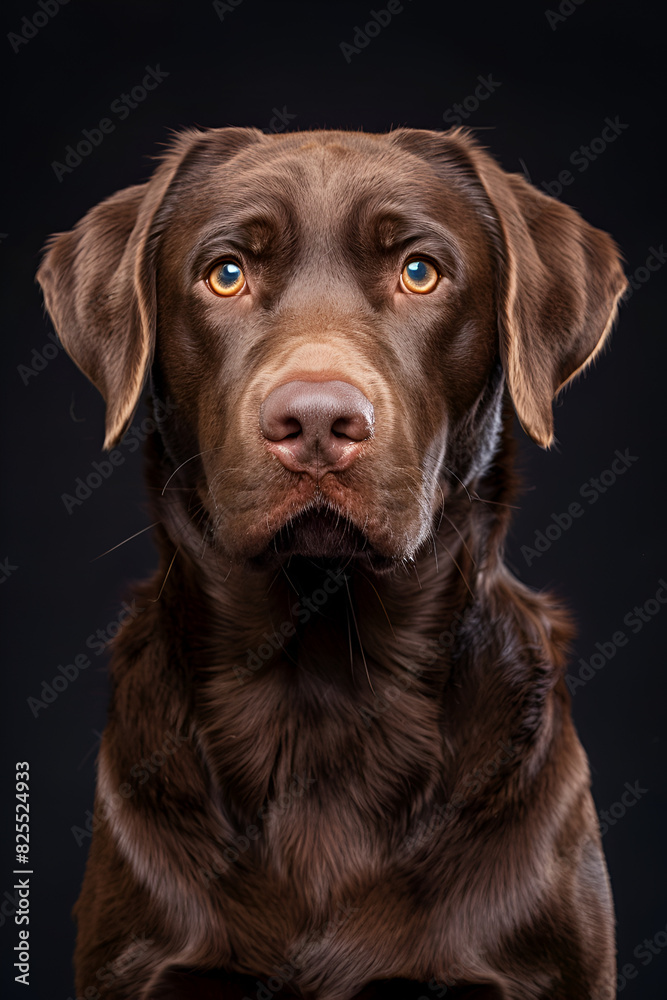 Studio portrait photo of a brown Labrador Retriever on a black background. Close-up, full-face Studio portrait photo of a brown Labrador Retriever on a black background. Close-up, full-face