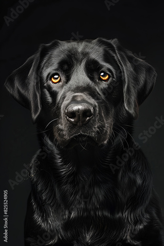 Studio portrait photo of a black Labrador Retriever on a black background. Close-up, full-face