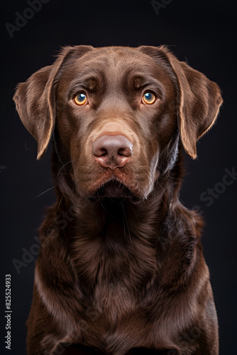 Studio portrait photo of a brown Labrador Retriever on a black background. Close-up, full-face