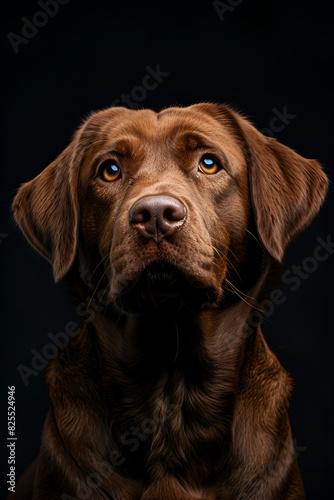 Studio portrait photo of a brown Labrador Retriever on a black background. Close-up, full-face © maxcol79