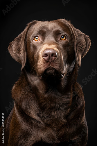 Studio portrait photo of a brown Labrador Retriever on a black background. Close-up  full-face