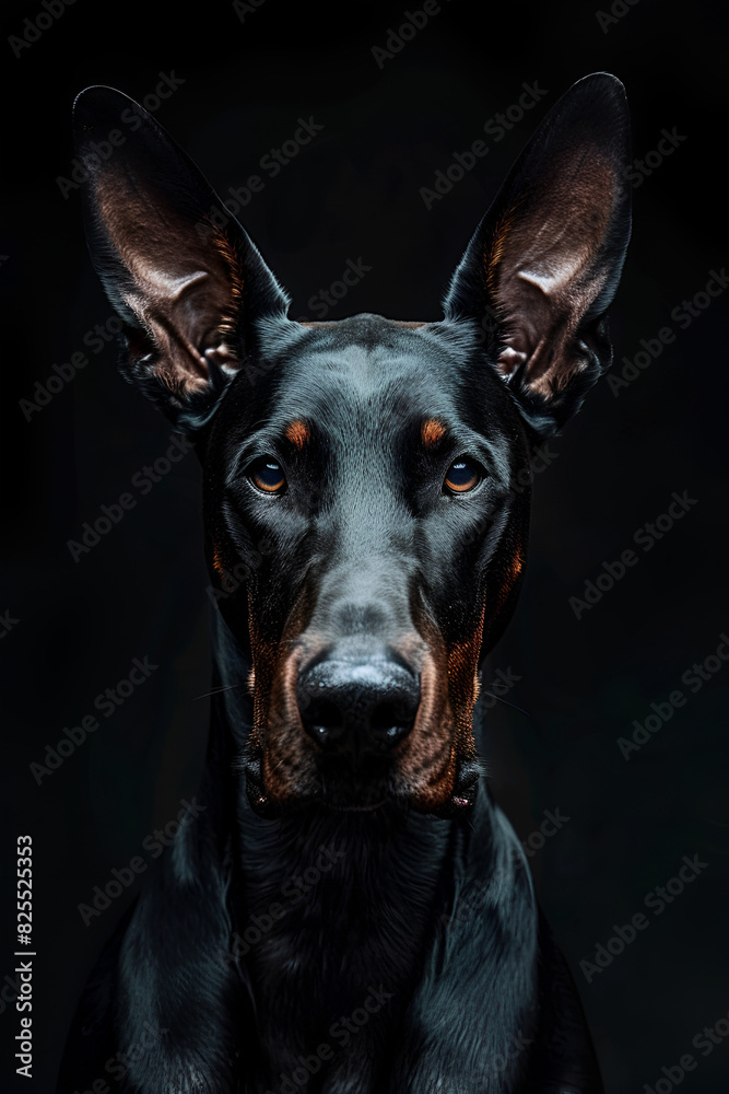 Studio portrait photo of a Doberman on a black background. Close-up, full-face. Studio portrait photo of a Doberman on a black background. Close-up, full-face.