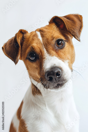 Studio portrait photo of a Jack Russell Terrier on a white background. Close-up, full face.