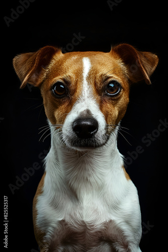 Studio portrait photo of a Jack Russell Terrier on a black background. Close-up, full face.