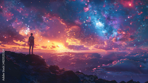 Digital Painting of a Colorful Sunset with Stars in the Sky