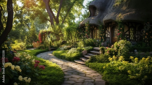 A photo of a traditional house with a garden pathway.
