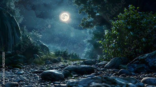 Show a scene of stones under the moonlight, creating a mystical ambiance. realistic hyperrealistic