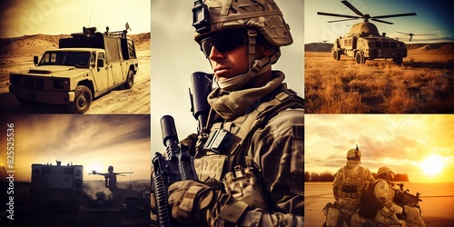 Collage of photographs of military personnel at sunset. Concept: Patriotism, service, military action.
