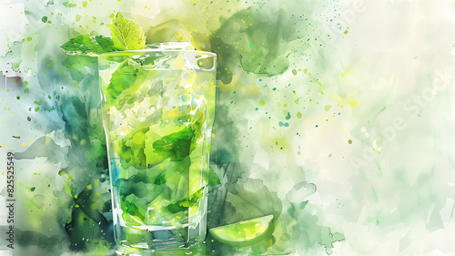 Creative watercolor-inspired mojito with lime and mint leaves