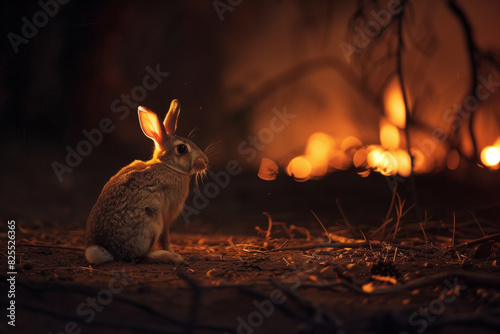 Bunny in a burning forest. Forest fire. Animal in wildfire. Animals trying to escape the flames. Ecological catastrophy. Fire-driven animal evolution. Background for banner, flyer, advertising.  photo