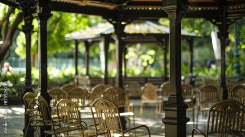 A gazebo in Superposition Park is filled with chairs that seem to be both occupied and empty at the same time. photo