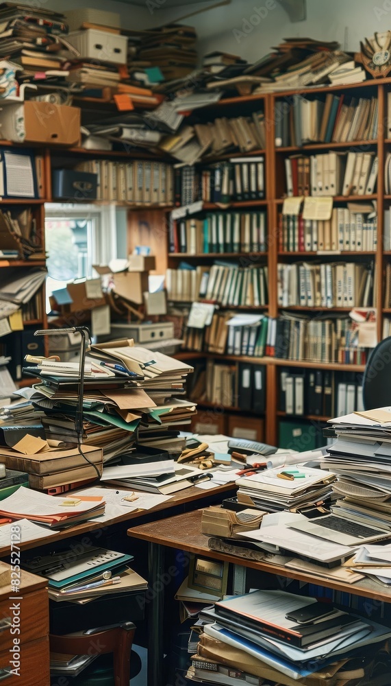 A detailed image of an unoccupied workspace in an accounting department, with 56 desks filled with documents, portraying an organized chaos