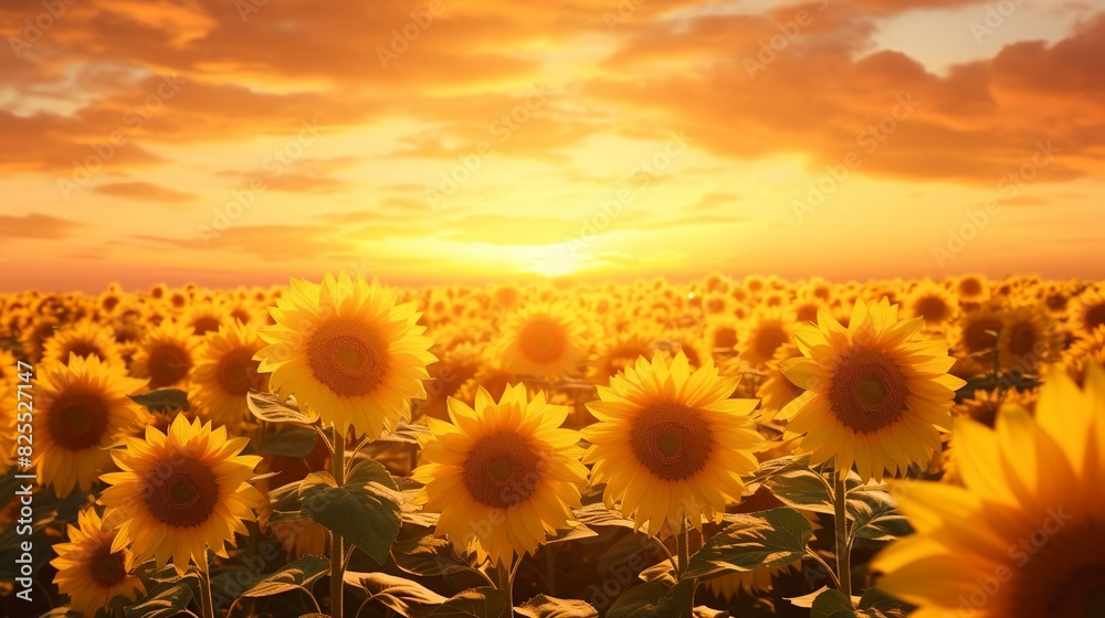 Fototapeta premium A photo of a vast field of blooming sunflowers at sunset