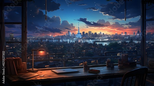 A city at night as seen from a window. anime, manga, and lofi. desk for studying. Cool, inviting, and comfy space. messy setting Digital artwork of a serene, bright apartment. 4K backdrop, wallpaper