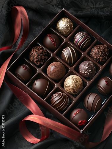 Luxurious box of chocolate truffles adorned with a vibrant red ribbon, showcasing high detail and rich dark colors. Generative AI