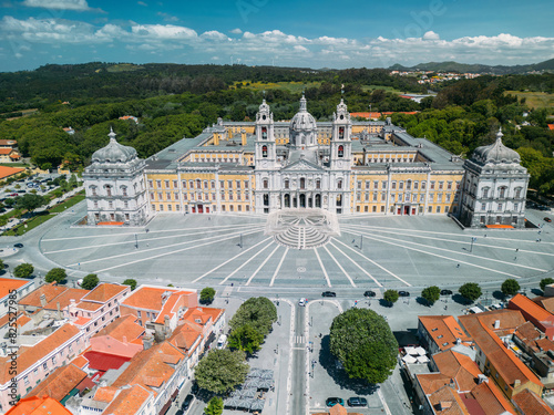 Tableau sur toile Aerial drone view of Convent of Mafra and lovely village houses, Portugal - UNES