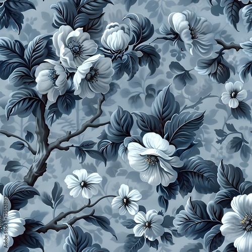 Ornate Floral Pattern in Toile de Jouy Style A Seamless Symphony of Botanical Beauty photo