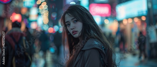 Close-up of young woman smiling, confident, portrait. Woman Standing on City Street at Night.