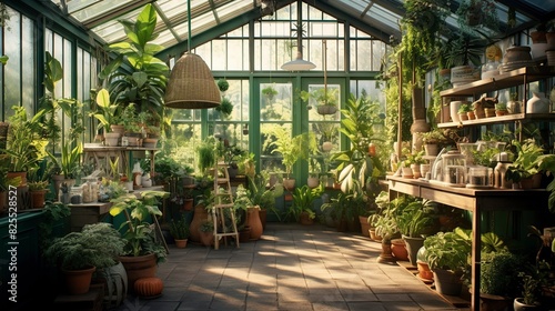 A photo of a well-organized greenhouse filled with plant