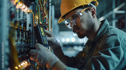 electrical system in the control cabinet. Professional electrician man work to connect electric wires in the system, Electrician repairing. switchboard photo