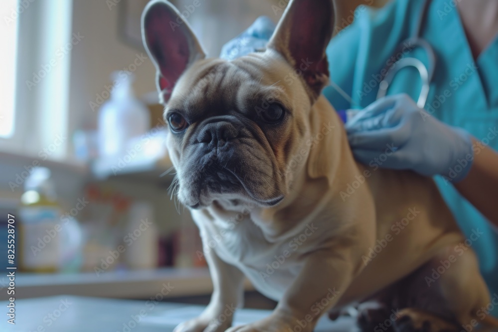 A french bulldog is having a checkup with a vet at the clinic