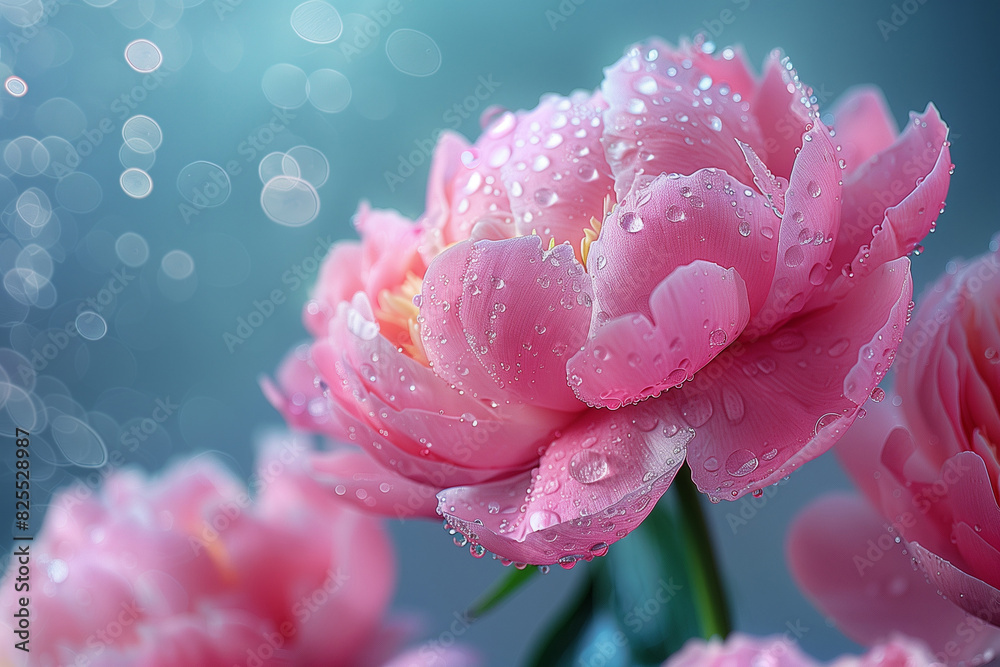 Peony flower, water drops, bokeh background, copy space Peony flower, water drops, bokeh background, copy space