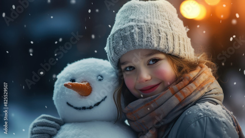 child, snowman, winter, happy, snow, evening, cold, outdoors, playful, fun, smiling, friendship, season, holiday, festive, cozy, joy, childhood, hat, scarf, gloves, snowy, bonding, warmth, kid, family