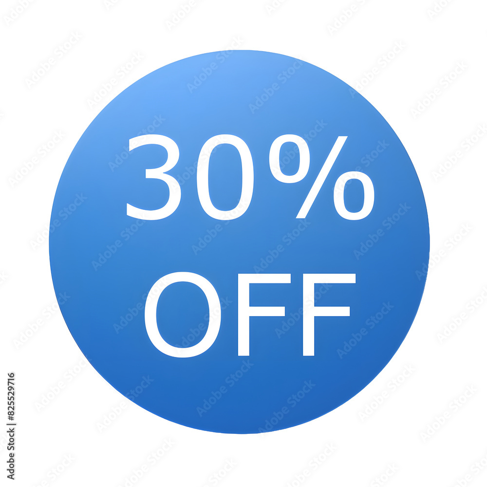 A round blue sticker with white text announcing a 30% discount. Perfect for sales and promotions A round blue sticker with white text announcing a 30% discount. Perfect for sales and promotions
