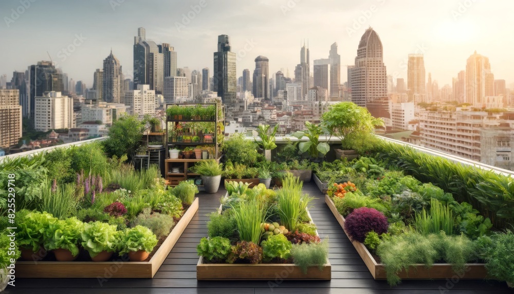 Rooftop garden in an urban setting with a city skyline in the background, highlighting sustainable living and green spaces in urban environments. Rooftop garden in an urban setting with a city skyline in the background, highlighting sustainable living and green spaces in urban environments.