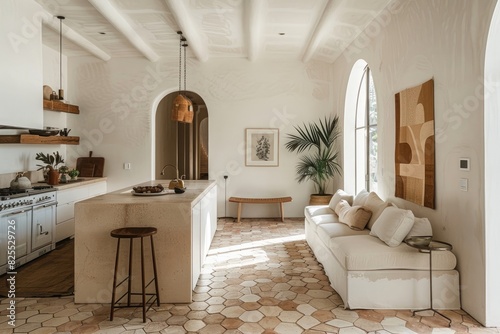 casa de estilo español colonial, con muebles auténticos y una fusión de elementos antiguos y contemporáneos. Destacan los azulejos terracota hexagonales, las paredes blancas de bordes redondeados y un