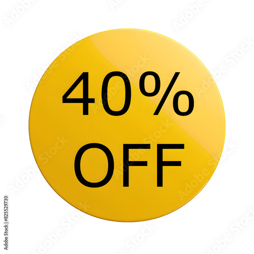 A round yellow sticker with black text announcing a 40% discount. Perfect for sales and promotions 
