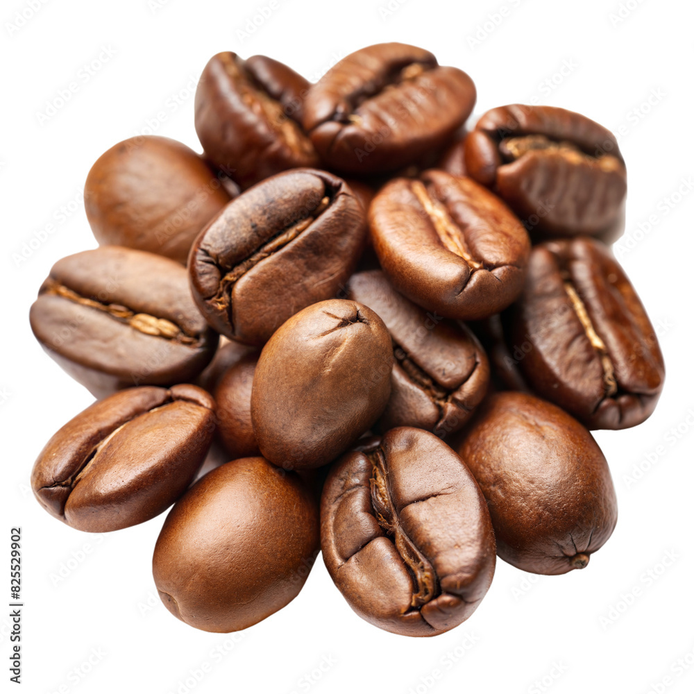 Close-Up View of Roasted Coffee Beans on Transparent Background Close-Up View of Roasted Coffee Beans on Transparent Background