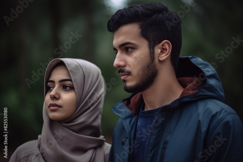 A man and a woman are standing in a forest, with the man wearing a blue jacket