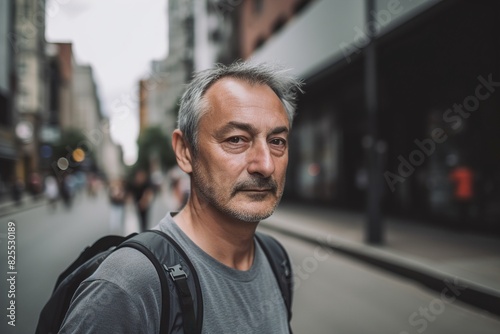 A man with a backpack and gray hair is standing on a city street © Juan Hernandez