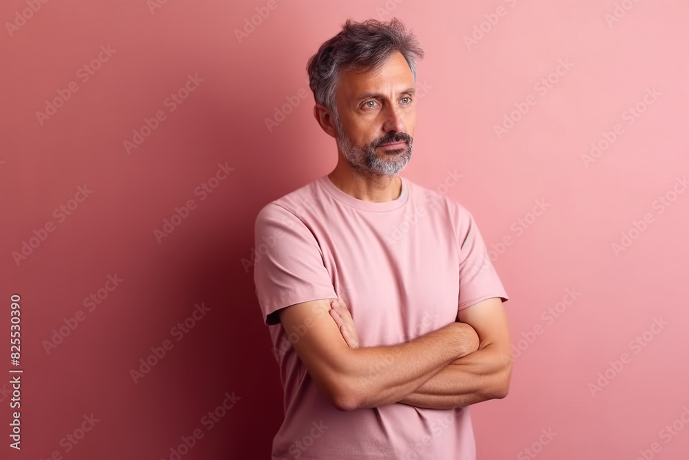 A man in a pink shirt is standing in front of a pink wall A man in a pink shirt is standing in front of a pink wall