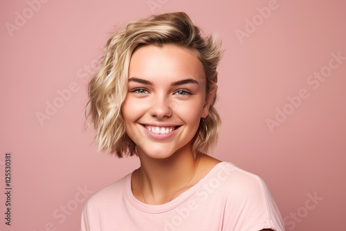 A woman with blonde hair and a pink shirt is smiling