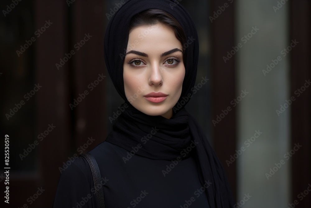 A woman wearing a black scarf and a black dress A woman wearing a black scarf and a black dress