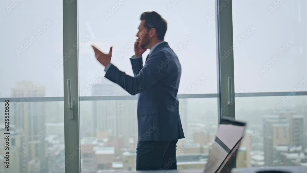 Angry entrepreneur disappointed call gesturing hand cityscape office back view Angry entrepreneur disappointed call gesturing hand cityscape office back view