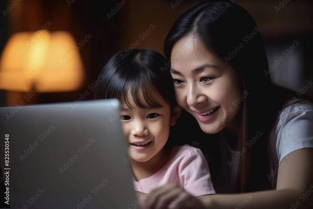 A woman and a little girl are looking at a laptop together A woman and a little girl are looking at a laptop together