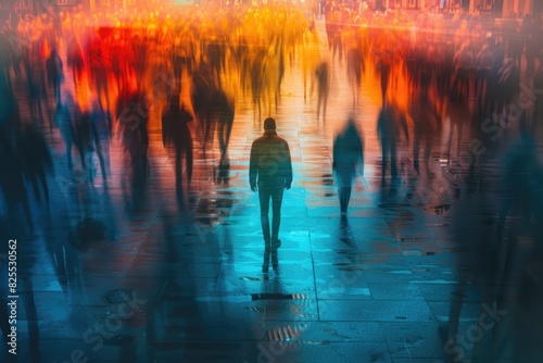 Representación del caos y soledad de una gran multitud de personas andando por una gran ciudad