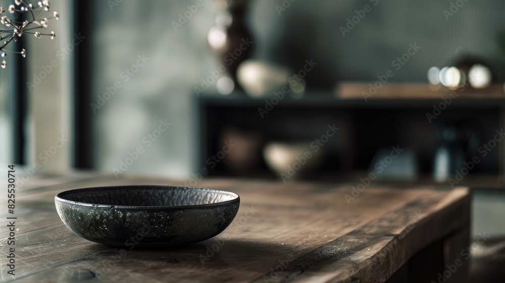 A dark ceramic dish resting on the dining table A dark ceramic dish resting on the dining table