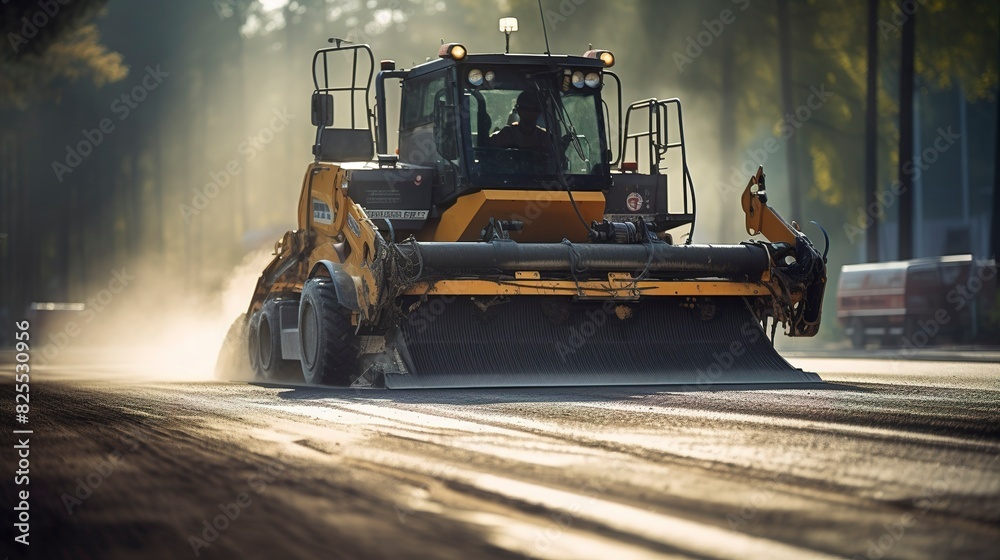 A photo of an asphalt paver machine in action.