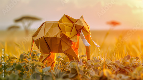 origami elephant in the savannah, endangered species concept, created with generative AI technology